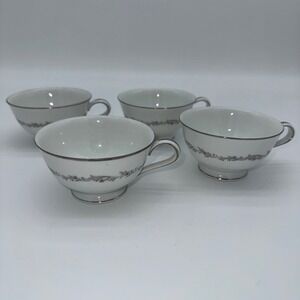 Noritake Crestmont 6013 Japan Teacups Set of 4‎ Platinum Trim Floral Design